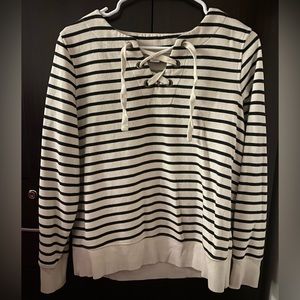 Tie Up Collar Black and White Striped Pullover Sweater
